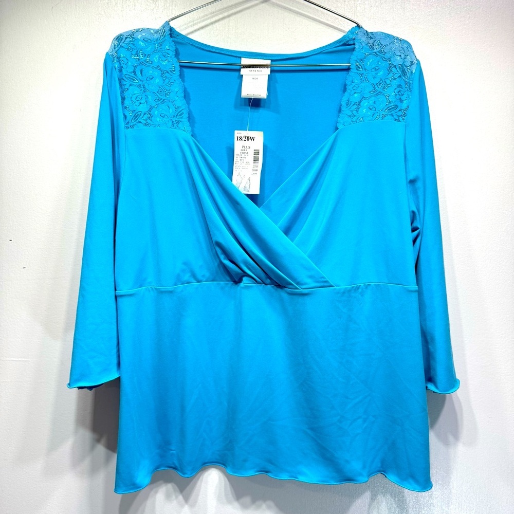 Fashion Bug Blue Wrap Surplice Top Stretch Pullover Floral Lace Casual Dressy 2X